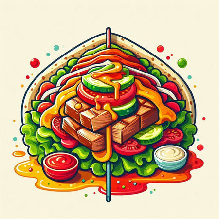 Vector illustration of pizza with meat, tomato, cucumber, cheese and sauce.のイラスト素材