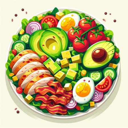 Vector illustration of a plate with healthy food. Avocado, tomato, egg, bacon, cucumber.のイラスト素材