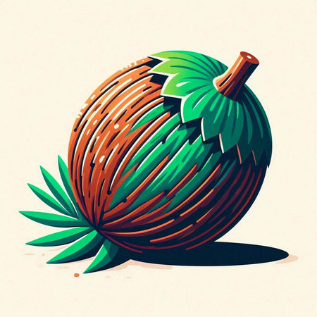 Coconut vector illustration. Vector illustration of a coconut with leaves.のイラスト素材