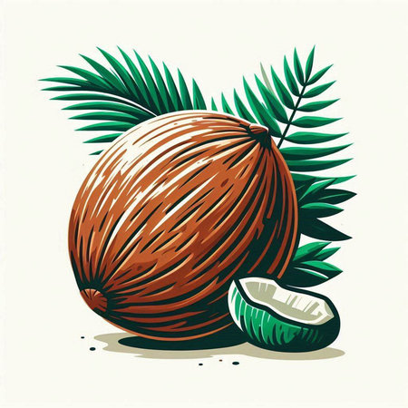 Coconut with leaves, vector illustration in hand drawn style.のイラスト素材