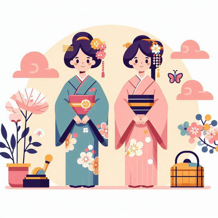 Cute Japanese girls in traditional kimono. Vector illustration.のイラスト素材
