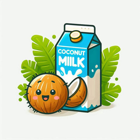 Cute cartoon coconuts with milk. Vector illustration of coconut milk.のイラスト素材