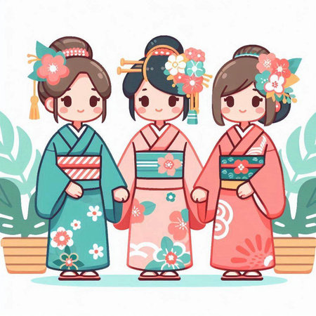 Japanese girls in traditional kimono. Vector illustration in a flat style.のイラスト素材