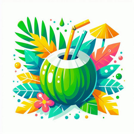 Coconut cocktail with straw and tropical leaves. Vector illustration.のイラスト素材