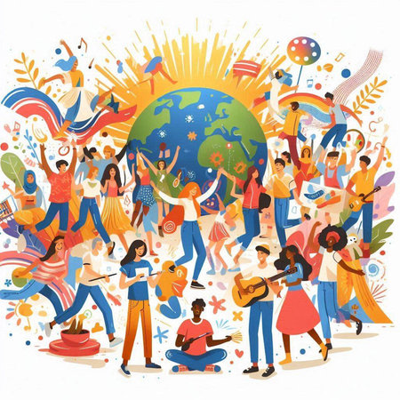 Happy young people dancing around the world. Colorful vector illustration.のイラスト素材