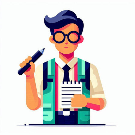 Businessman with pen and documents. Vector illustration in a flat styleのイラスト素材