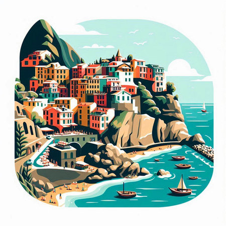 Cinque Terre, Liguria, Italy, vector illustrationのイラスト素材