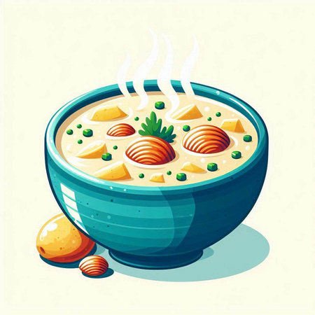 Illustration of a bowl of soup with noodles and vegetables on a light backgroundのイラスト素材