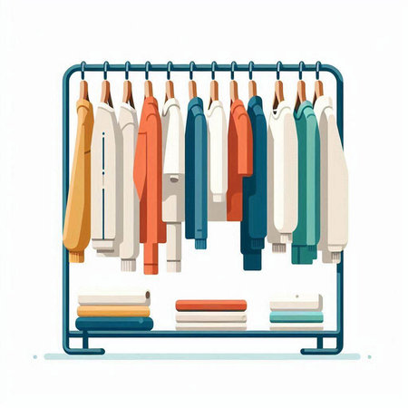Clothes hanger with different shirts isolated on white background. Vector illustration.のイラスト素材