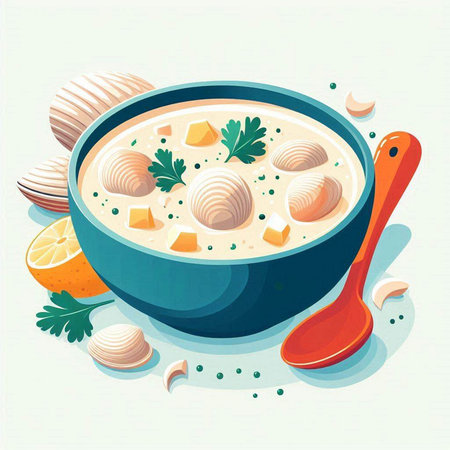 Creamy soup with dumplings and parsley. Vector illustration.のイラスト素材