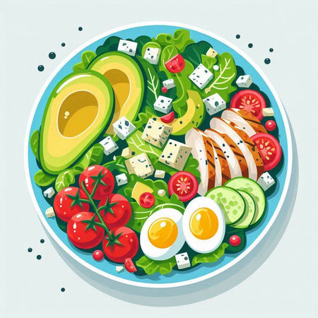 Healthy salad with avocado, tomato, cucumber, feta cheese and egg. Vector illustration.のイラスト素材