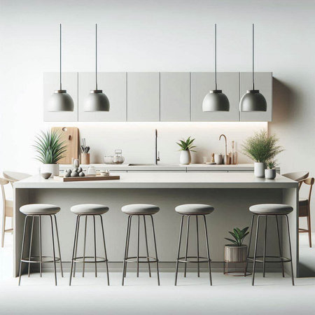 Modern kitchen interior with white walls, concrete floor, gray countertops and bar stools. 3d renderのイラスト素材