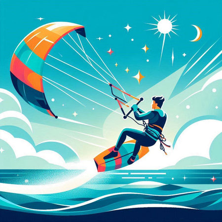 Kitesurfing. Man on kite. Vector illustration.のイラスト素材