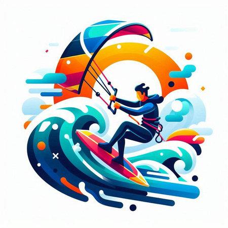 Kitesurfing vector illustration. Man surfing on the waves.のイラスト素材