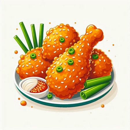 Illustration of fried chicken wings on a plate. Vector illustration.のイラスト素材