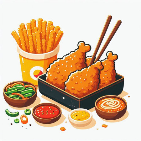 Illustration of fried chicken with sauce and chopsticks in a boxのイラスト素材