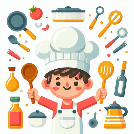 Chef boy with cooking tools. Vector illustration in flat style.のイラスト素材