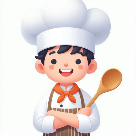 Chef boy cartoon character with chef hat and apron. Vector illustration.のイラスト素材