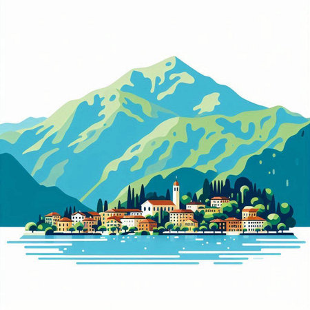 Landscape of Lake Maggiore, Italy. Landscape with lake and mountains. Vector illustration.のイラスト素材