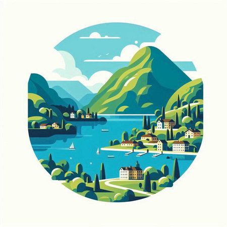 Mountain landscape. Lake Como. Italy. Vector illustration.のイラスト素材