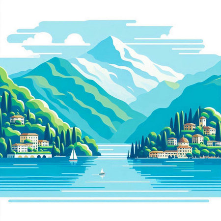 Beautiful landscape with mountains, lake and village. Vector illustration.のイラスト素材