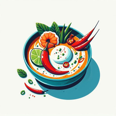 Tom Yum Soup, Thai Cuisine, Vector Illustration.のイラスト素材