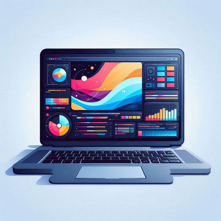 Laptop with colorful graphic interface on the screen. Vector illustration.のイラスト素材