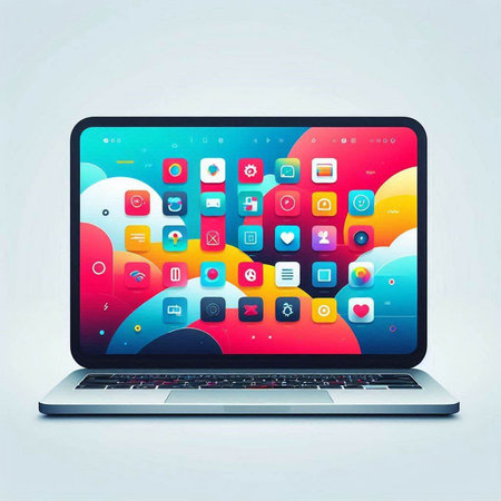 Laptop with colorful application icons on the screen. Vector illustration.のイラスト素材