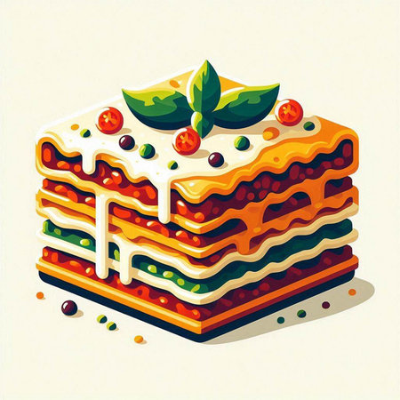 Illustration of a piece of lasagna with basil leaves and tomatoesのイラスト素材
