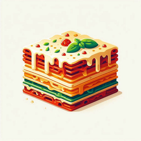 Illustration of a stack of lasagna with basil and tomato sauceのイラスト素材
