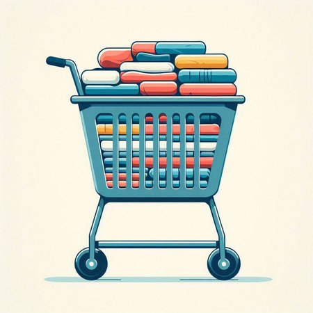 Shopping cart full of clothes. Vector illustration in retro style.のイラスト素材