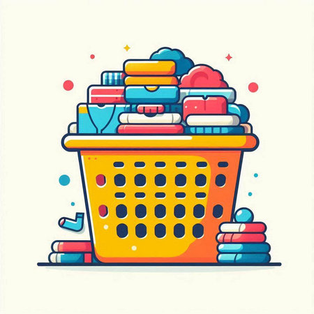 Shopping basket full of clothes and accessories, flat design vector illustration.のイラスト素材