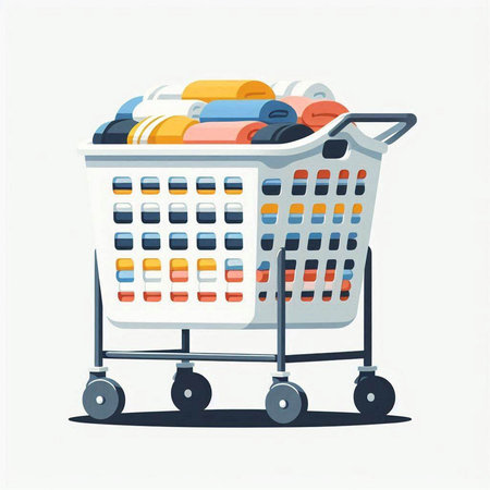 Shopping cart full of clothes. Vector illustration in flat style.のイラスト素材