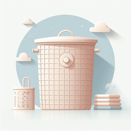 Vector illustration of a trash can with different objects in the background.のイラスト素材
