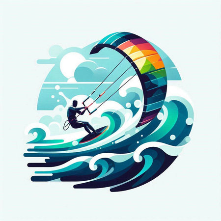Kitesurfer on the waves. Windsurfing. Vector illustration.のイラスト素材
