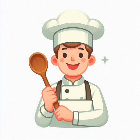 Chef with ladle in hand. Vector illustration in cartoon styleのイラスト素材