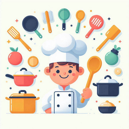Chef boy with kitchen utensils. Vector illustration in flat styleのイラスト素材