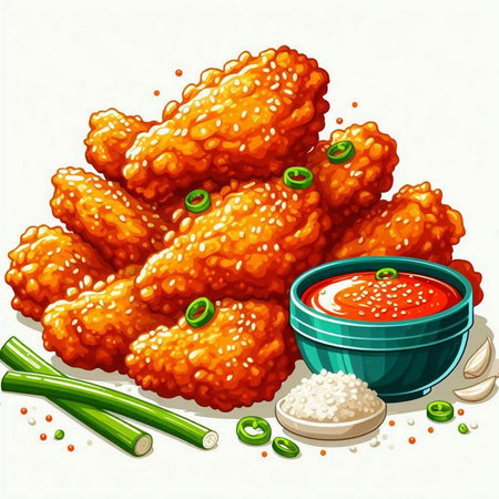 Illustration of fried chicken wings with sauce and green onion on white backgroundのイラスト素材