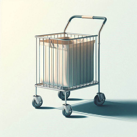Shopping cart with cardboard box on wheels on gray background. 3d illustrationのイラスト素材