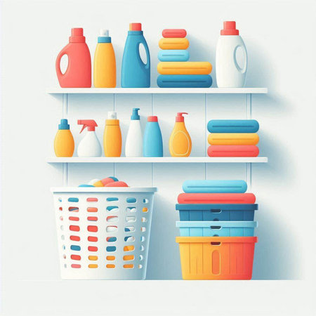 Basket with cleaning products on the white shelves. Vector illustration.のイラスト素材