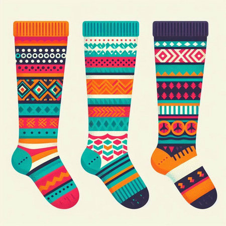 Set of colorful socks with tribal ornaments. Vector illustration.のイラスト素材