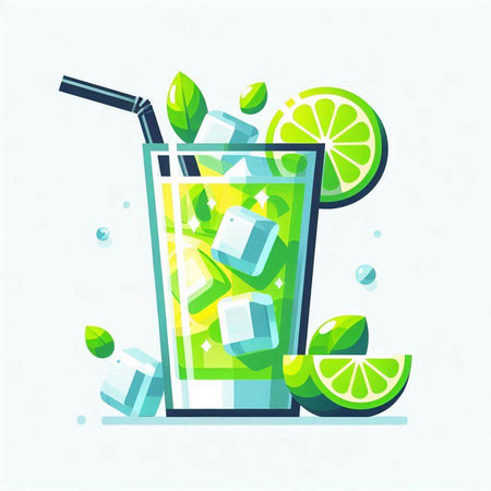 Cocktail with lime, ice and straw. Vector illustration.のイラスト素材