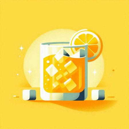 Illustration of a glass of orange juice with ice cubes on a yellow backgroundのイラスト素材