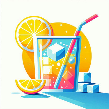 Cocktail with orange, ice cubes and straw. Vector illustration.のイラスト素材