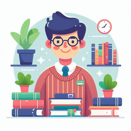 A young man with glasses is sitting on a stack of books. Flat vector illustration.のイラスト素材