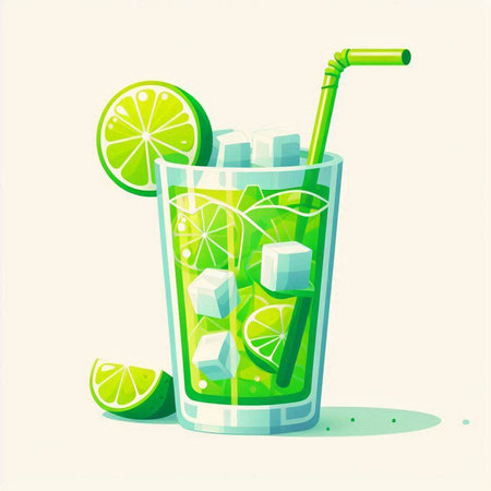 Cocktail with lime, ice and straw. Vector illustration.のイラスト素材