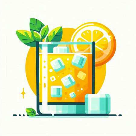 Orange juice in a glass with ice and mint. Flat style vector illustration.のイラスト素材