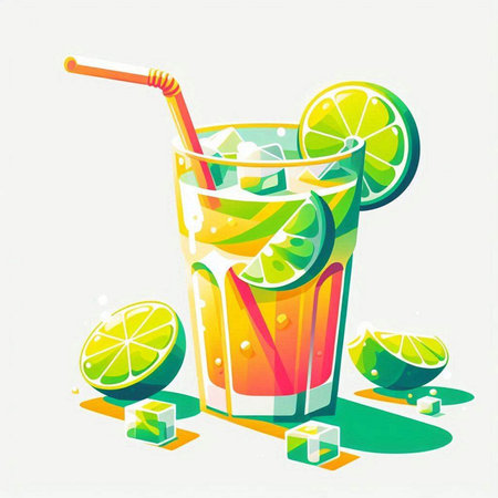 Cocktail with lime, ice cubes and straw. Vector illustration.のイラスト素材