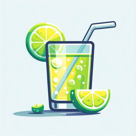 Vector illustration of glass of fresh lemonade with straw and lime.のイラスト素材