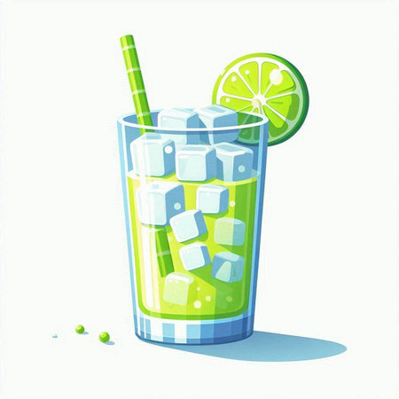 Cocktail with lime, ice cubes and straw. Vector illustration.のイラスト素材